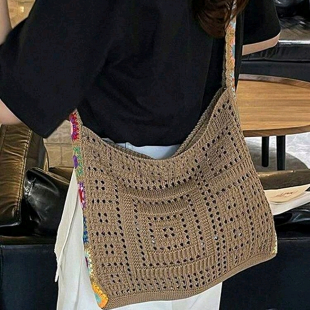 🌻Host Pick🌻Vintage Boho Crochet Shoulder Bag Brown Multicolor Floral Accents - Picture 6 of 10
